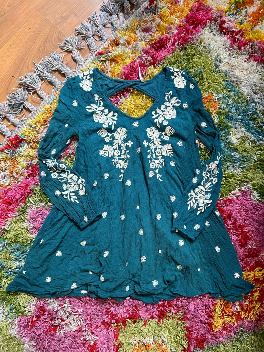 Free People Teal Embroidered Long Sleeve Tunic